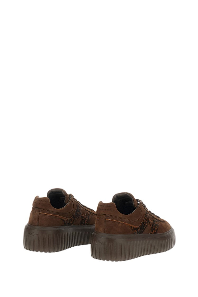 Hogan Dark Brown H-Stripes Suede Pony-Hair Sneakers