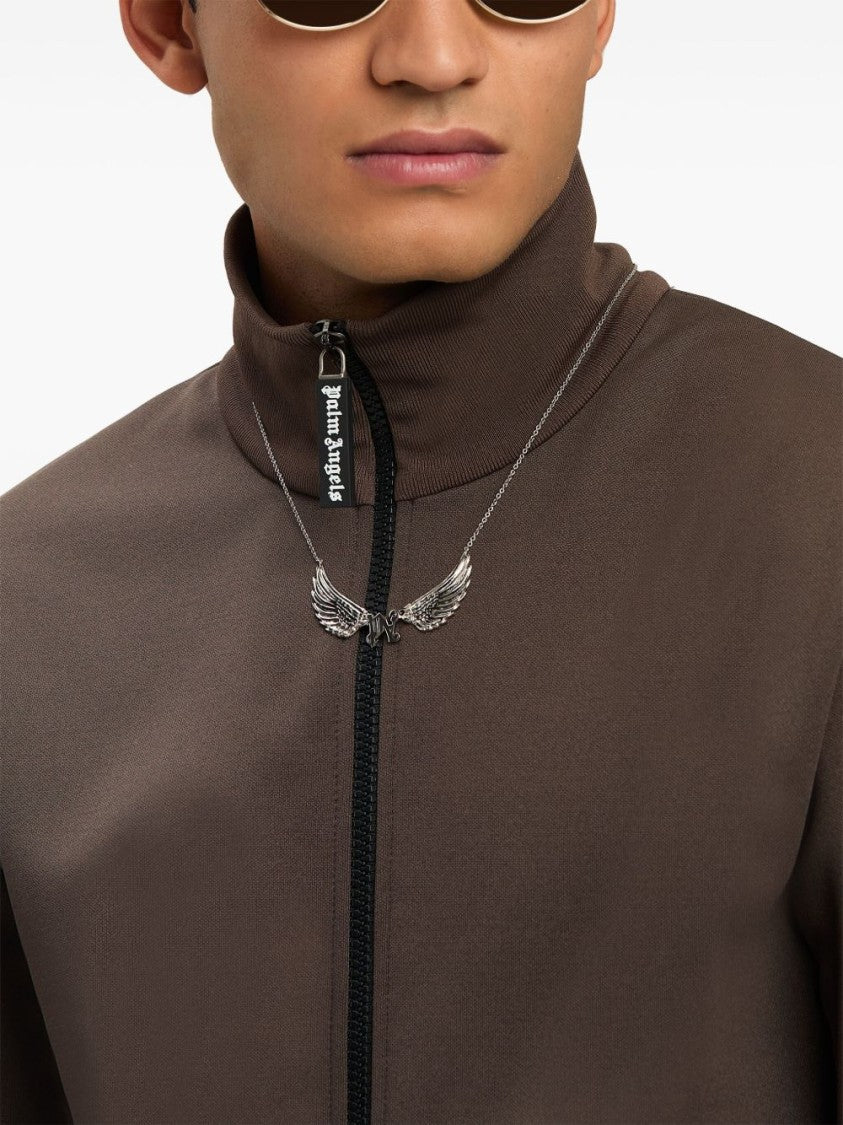 Palm Angels Chocolate Brown Jacket With Roll Neck And Logo Detail