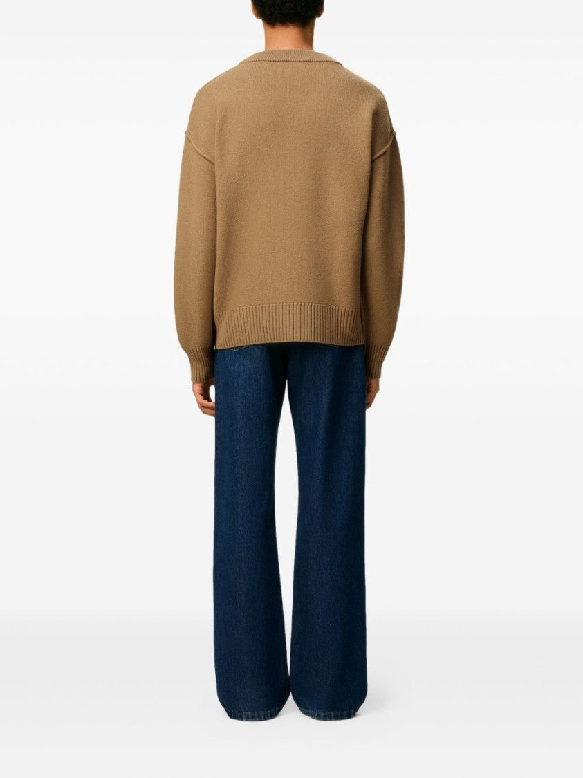 Ami Classic V-Neck Wool Cardigan With Signature Logo