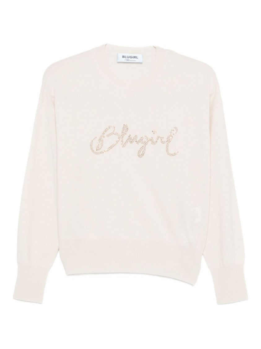Blugirl Relaxed Fit White Sweater With Sequin Script Logo