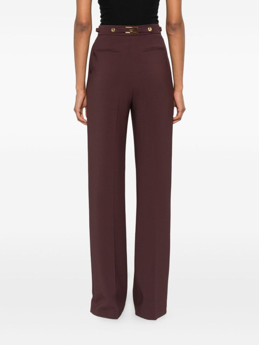 Elisabetta Franchi Bordeaux Wide-Leg Trousers With Gold-Accent Buckle Detail