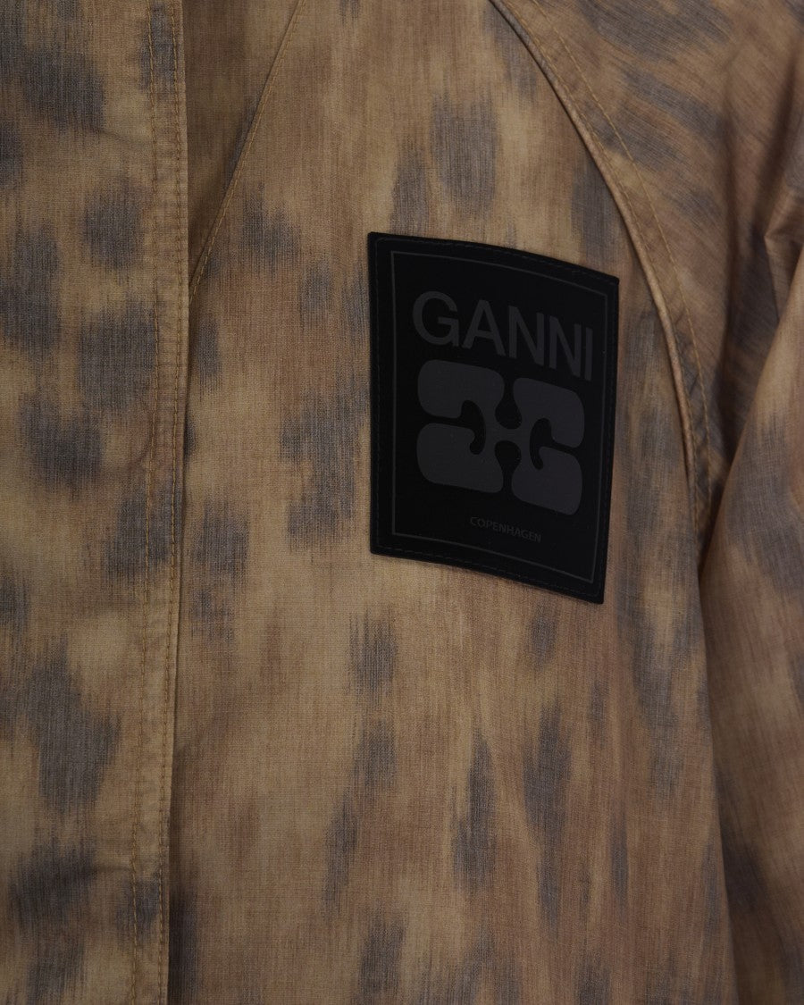 Ganni Mottled Brown Lightweight Jacket With Drawstring Hem And Logo Patch