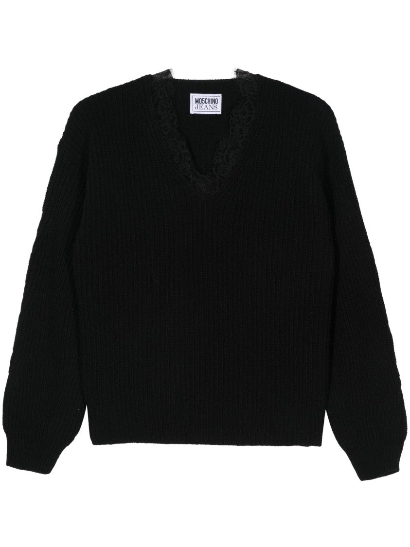Moschino Half-Cardigan Knit Sweater With Deep V-Neckline
