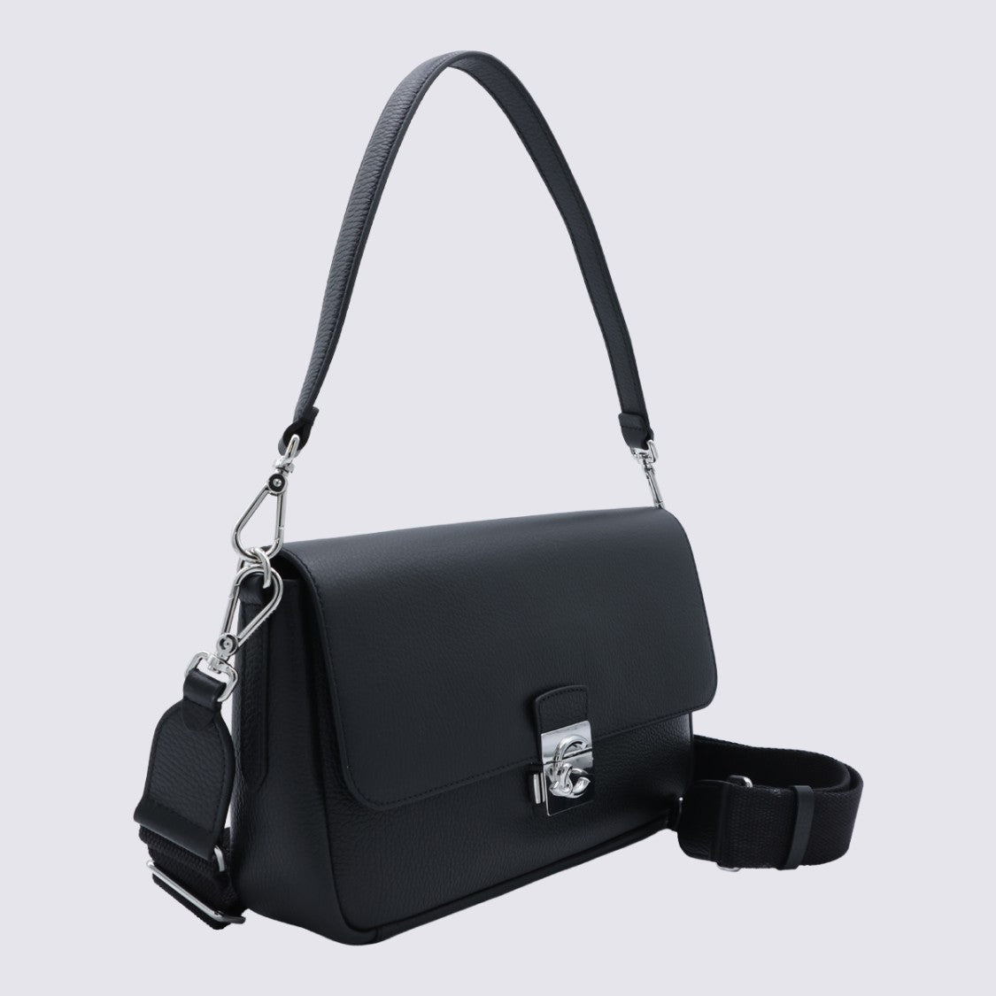 Coccinelle Rectangular Black Leather Shoulder Bag With Silver-Tone Clasp