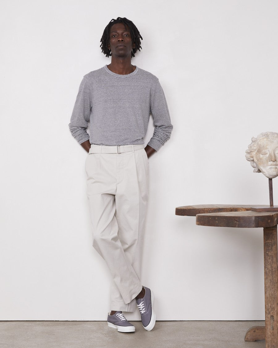 Officine Generale Yarn-Dyed Long-Sleeve Crewneck Tee With Self-Fabric Collar