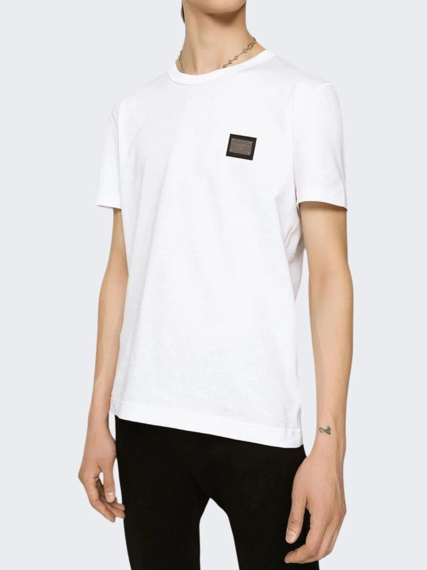 Dolce & Gabbana Minimalist White T-Shirt With Rectangular Logo Patch