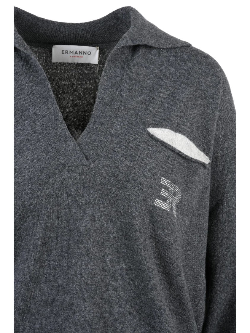 Ermanno Firenze Ermanno Firenze Knit Polo Shirt With V-Neck And Ribbed Cuffs