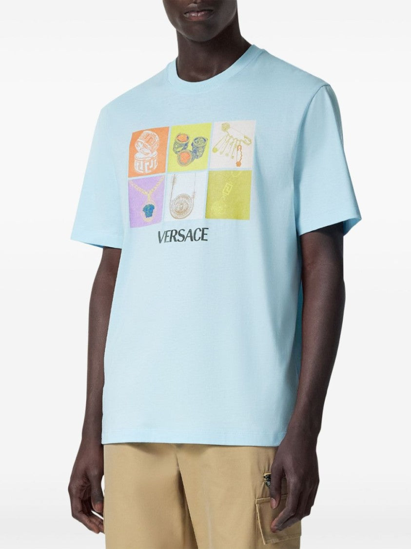 Versace Aqua Blue Relaxed Graphic Logo T-Shirt