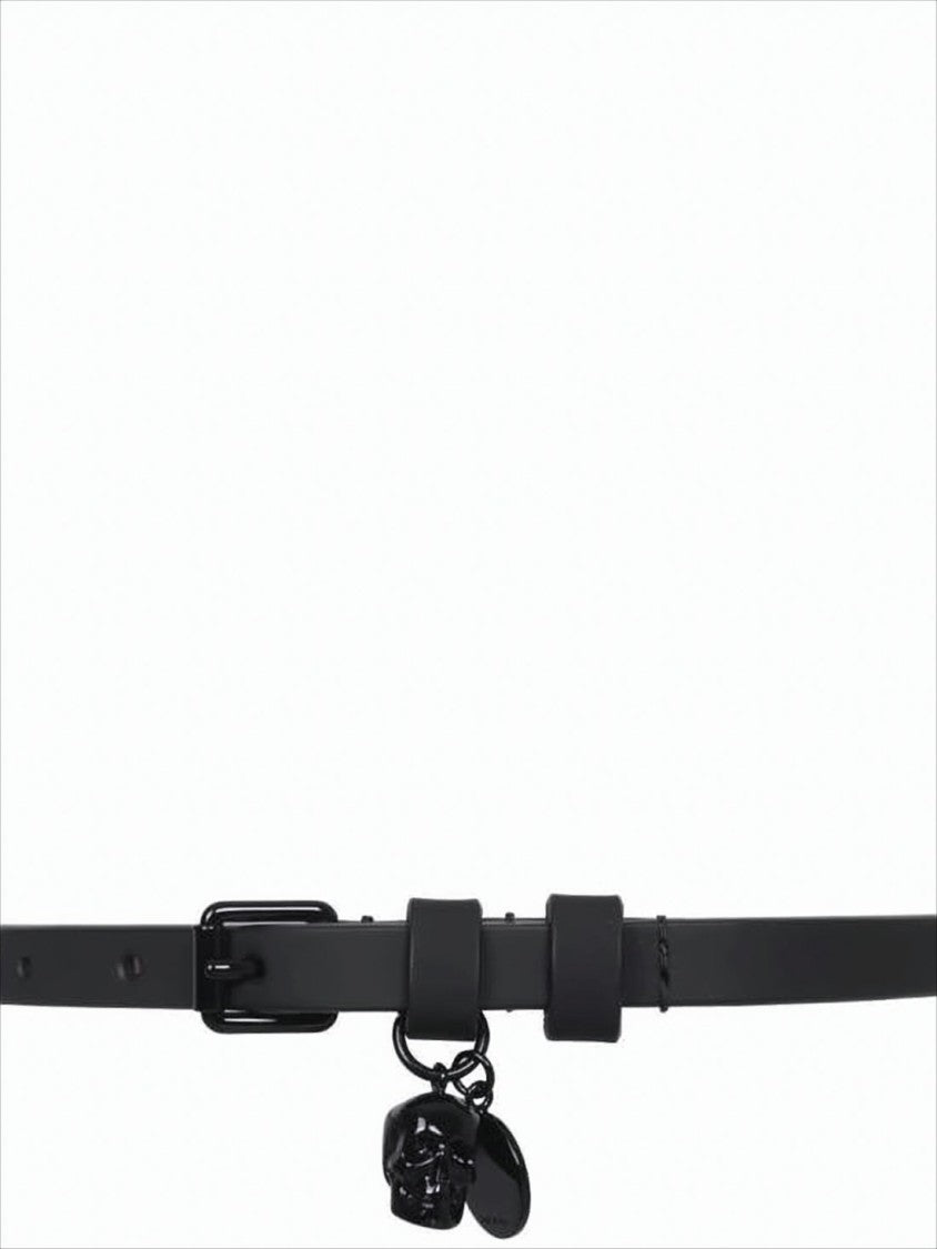 Alexander Mcqueen Narrow Black Bracelet With Skull Medallion Charm