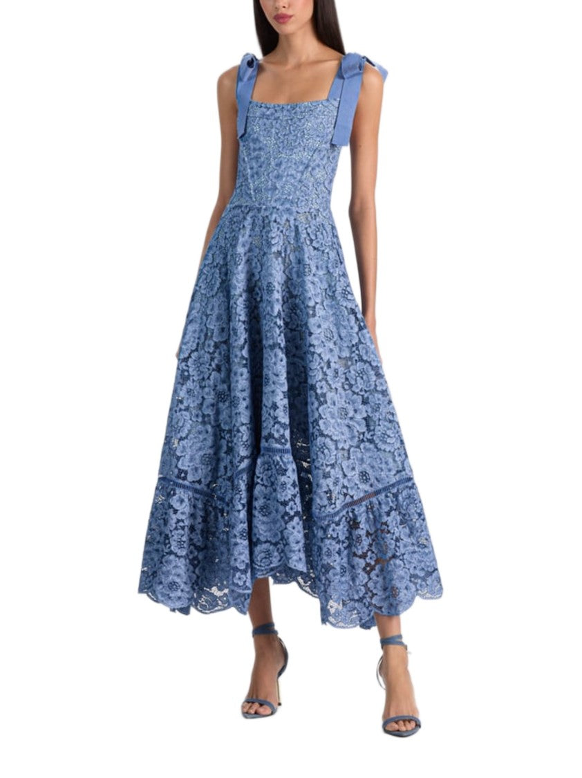 Alice Olivia By Stacey Bendet Floral Lace Ankle-Length Dress With Corset Bodice And Ribbon Straps