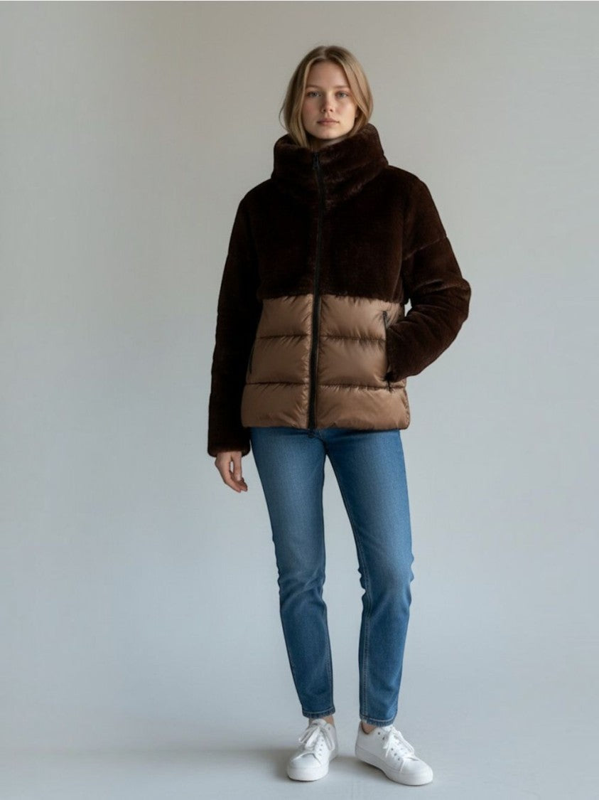 Blauer Boxy Cropped Plush Faux Fur Quilted Jacket
