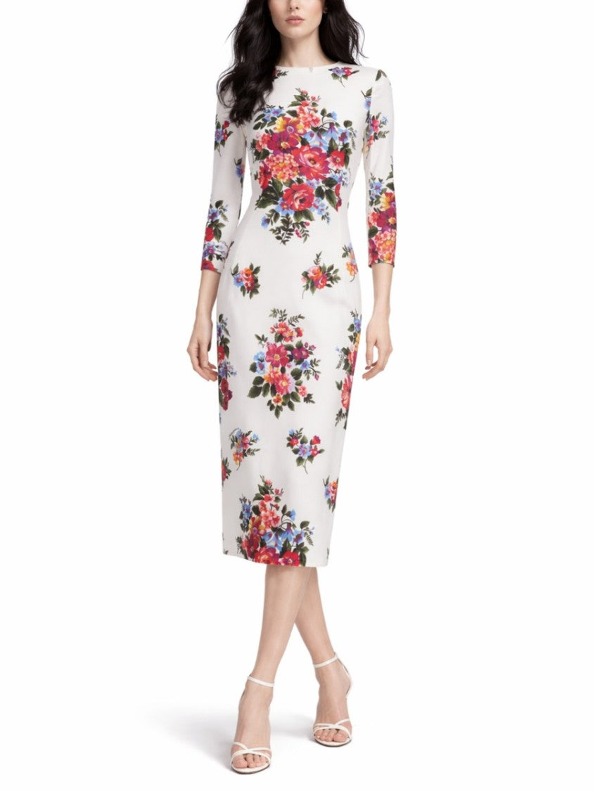 Dolce & Gabbana White Floral Print Fitted Viscose Midi Dress