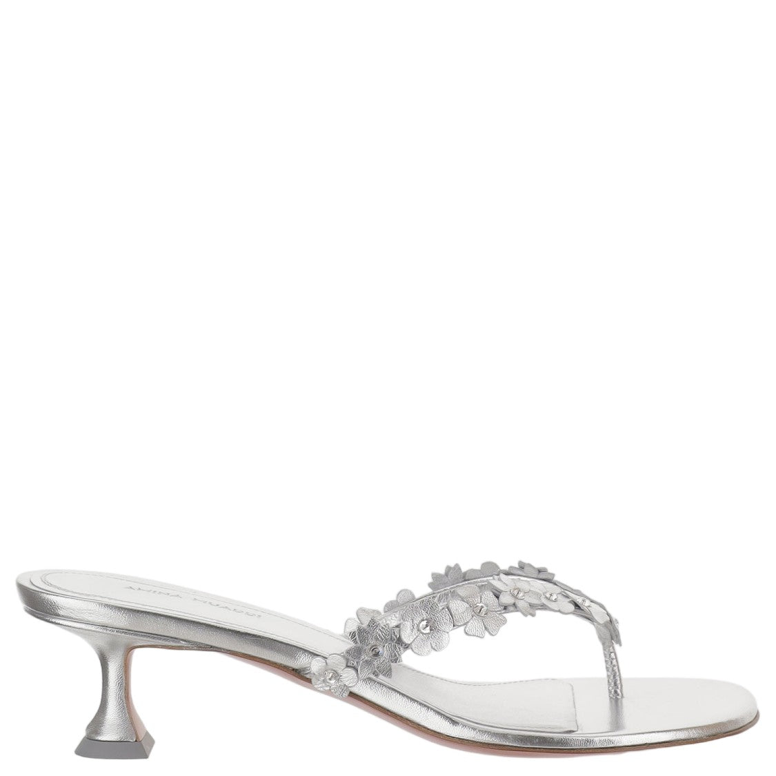 Amina Muaddi Floral Appliqué Thong Leather Sandals With Flared Heel