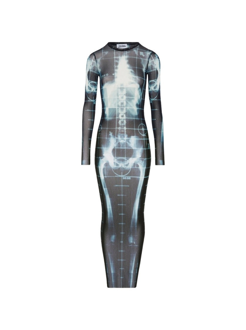 Jean Paul Gaultier Squeletor Printed Mesh Long Dress Black And Navy