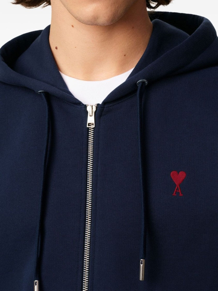 Ami Paris Navy Blue Zip-Up Hoodie With Drawstring And Embroidered Detail