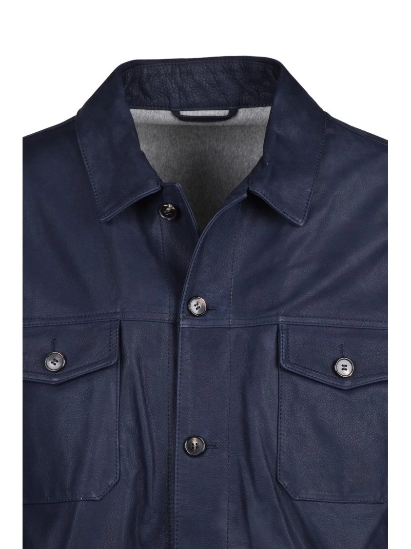 Borgo Pellai Button-Closure Blue Leather Jacket