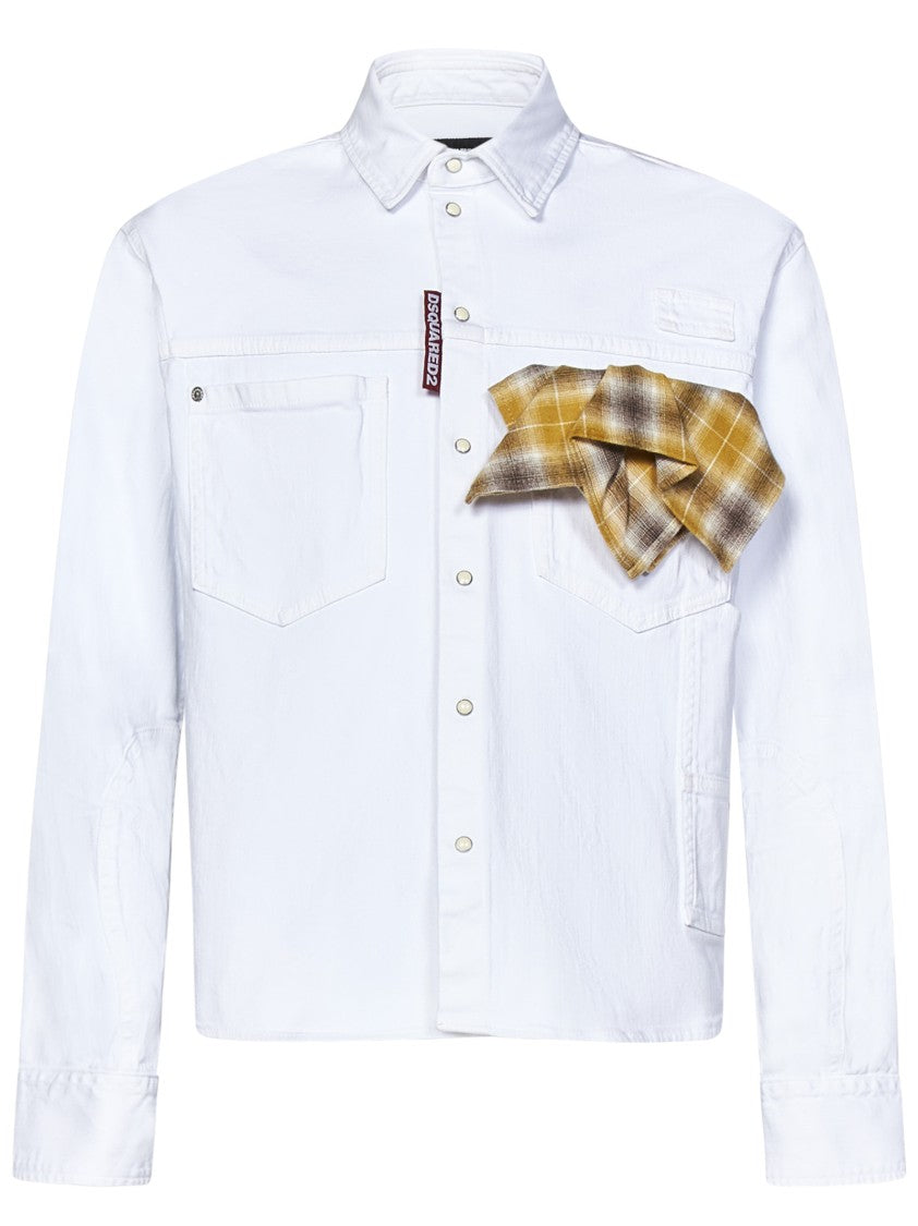 Dsquared2 White Cotton Denim Carpenter Shirt With Checked Pocket Square