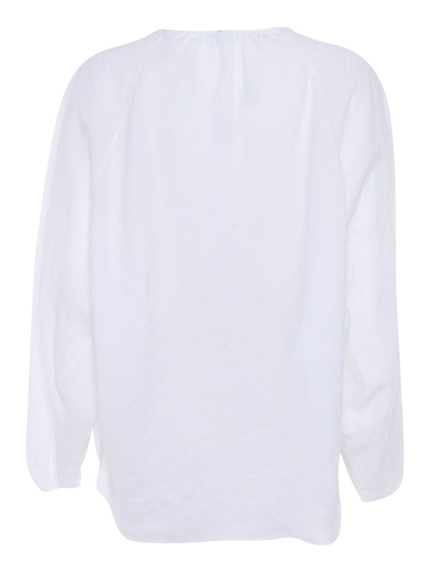 Aspesi White Linen Top With Gathered Long Sleeves