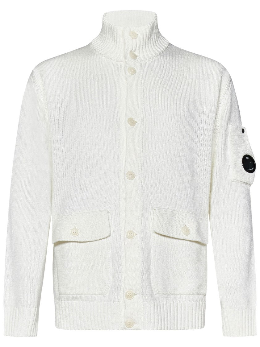 C.P. Company Textured Knit White Mercerized Cotton Cardigan