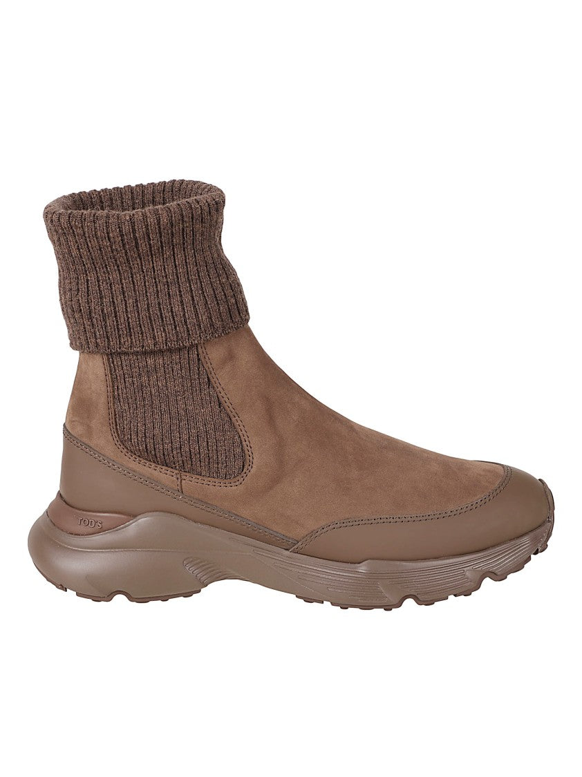 Tod's Streamlined Calfskin Boots With Knitted Cuff And Textured Sole