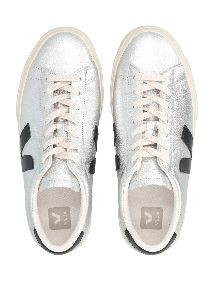 Veja Campo Silver And Black Leather Sneakers