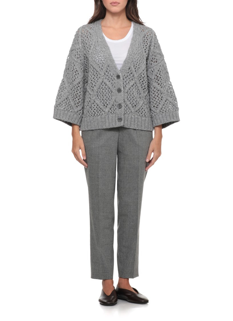 Peserico Perforated Grey Wool Cardigan With Silver Bead Accents
