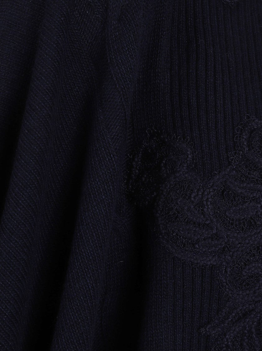 Ermanno Scervino Flowing Black Wool-Blend Cape With Floral Embroidery