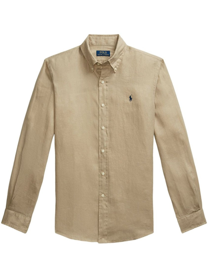 Polo Ralph Lauren Breathable Beige Linen Shirt With Button-Down Collar