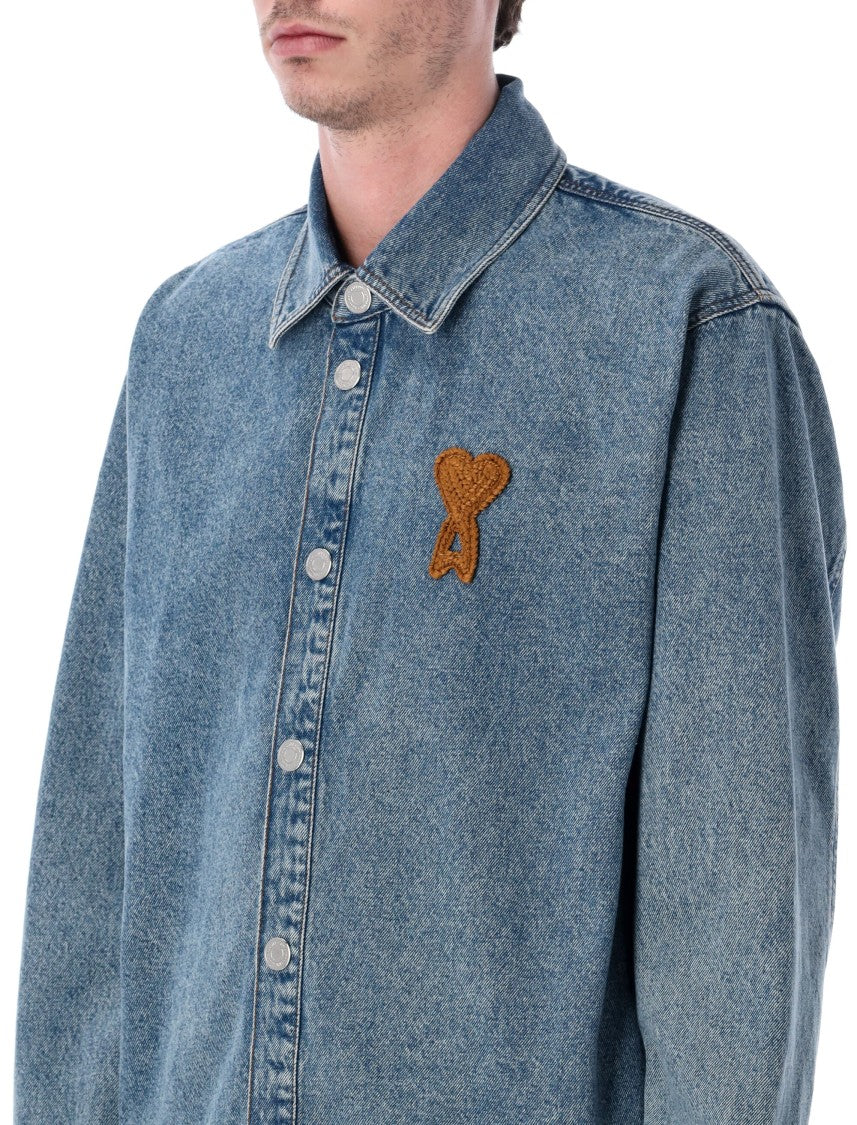 Ami Paris Indigo Cotton Denim Shirt Jacket With Hand-Crocheted Patch