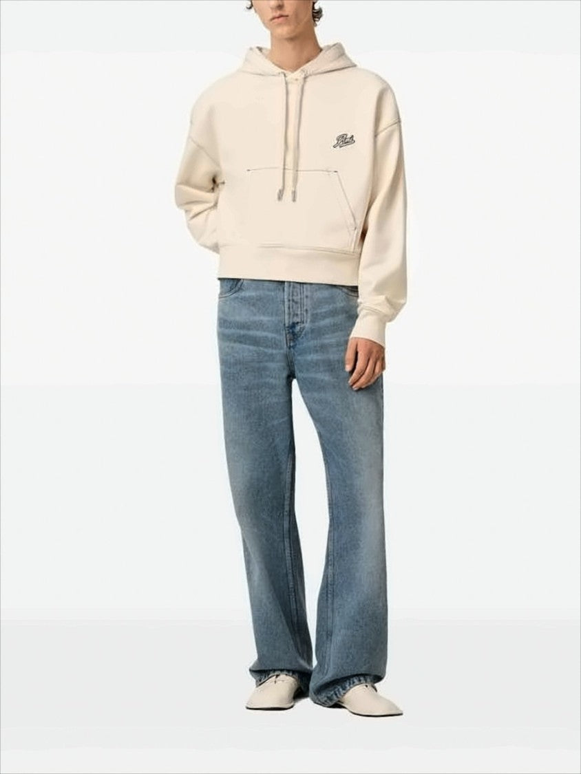 Ami Paris Cropped Hoodie With Drawstring And Embroidered Logo Detail