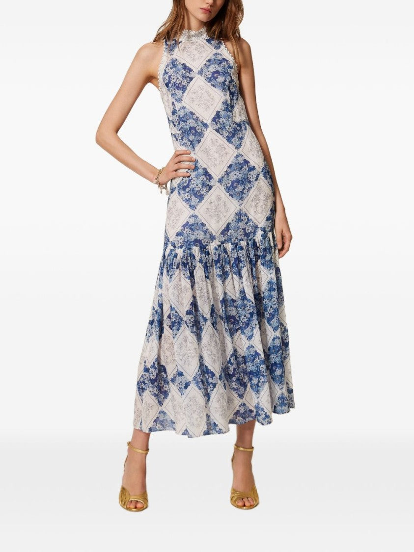 Twin-Set Midi Dress With High Neckline And Geometric Pattern