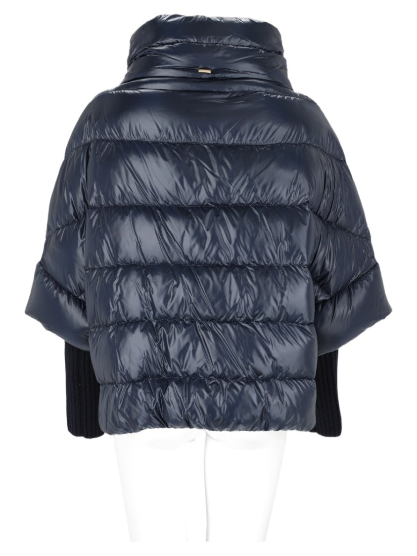Herno Blue Ribbed Knit Sleeve Polyamide Down Coat
