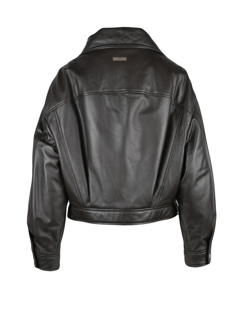 Peserico Brown Cropped Biker Jacket With Structured Silhouette And Iconic Details