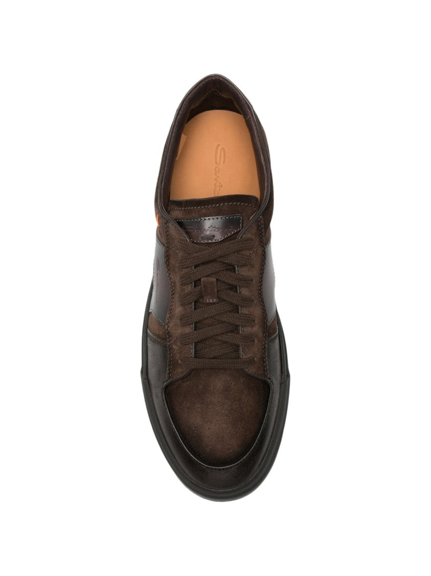 Santoni Low-Top Suede-Panelled Leather Sneakers