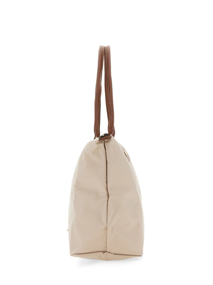 Longchamp Medium Tote Bag With Smooth Light Beige Body And Brown Leather Accents