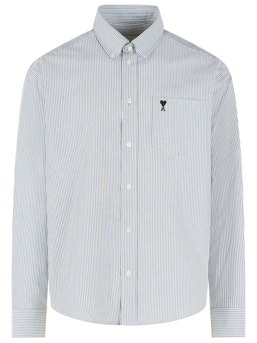 Ami Paris Black And White Vertical Stripe Casual Shirt With Embroidered Logo