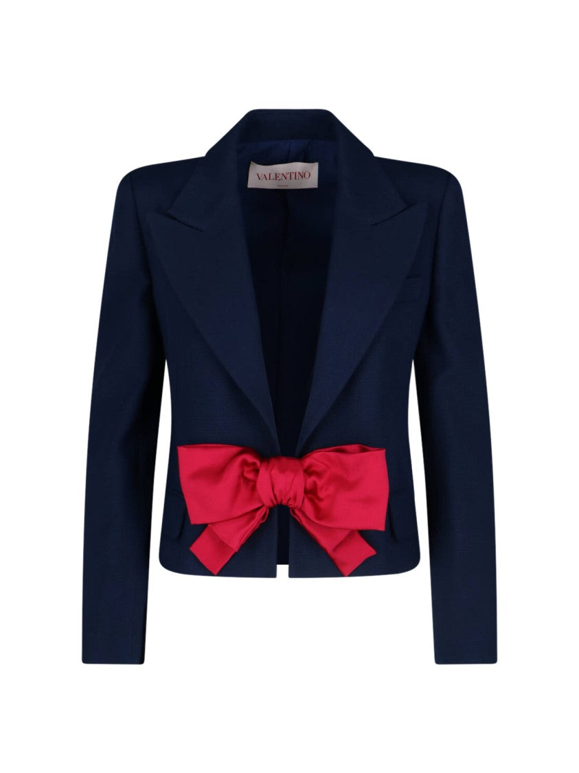 Valentino Navy Blue Single-Button Blazer With Red Bow Detail