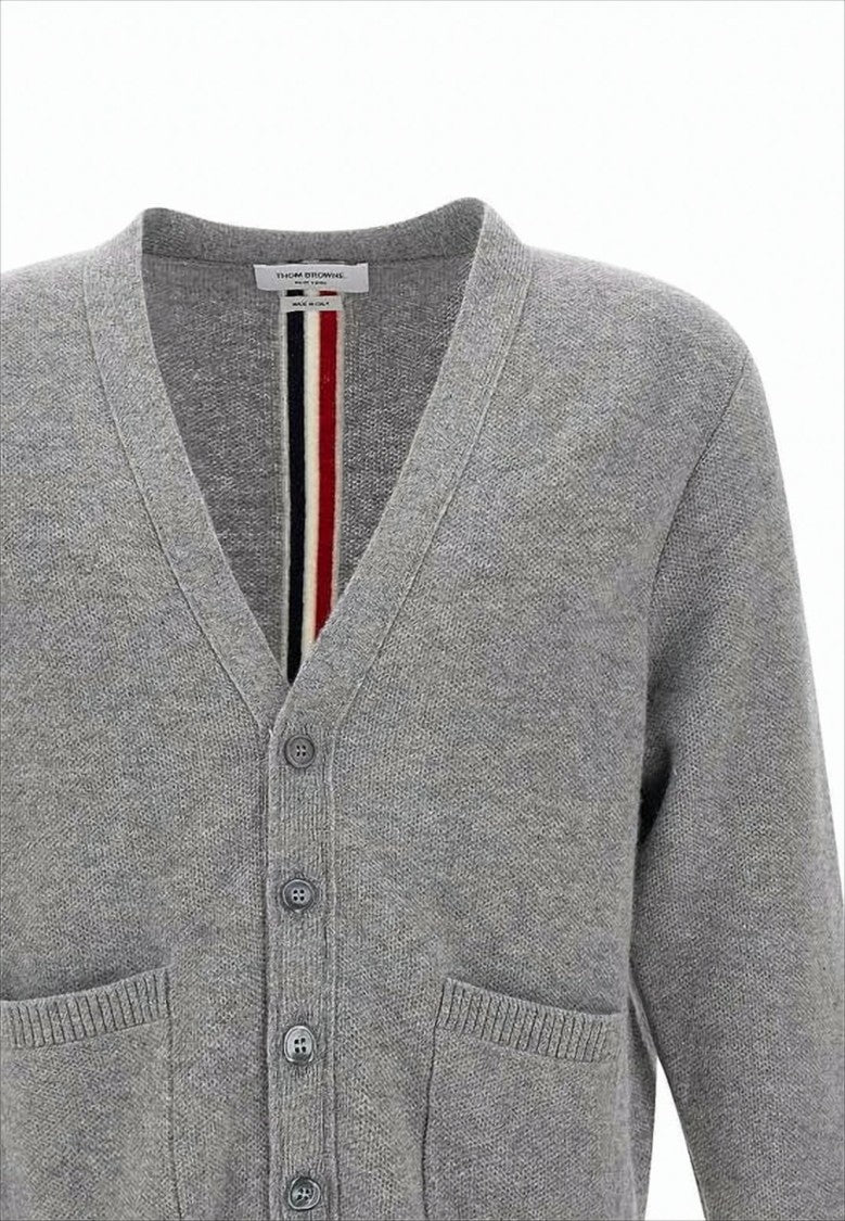 Thom Browne V-Neck Grey Wool Cardigan With Distinctive Stripe Detail