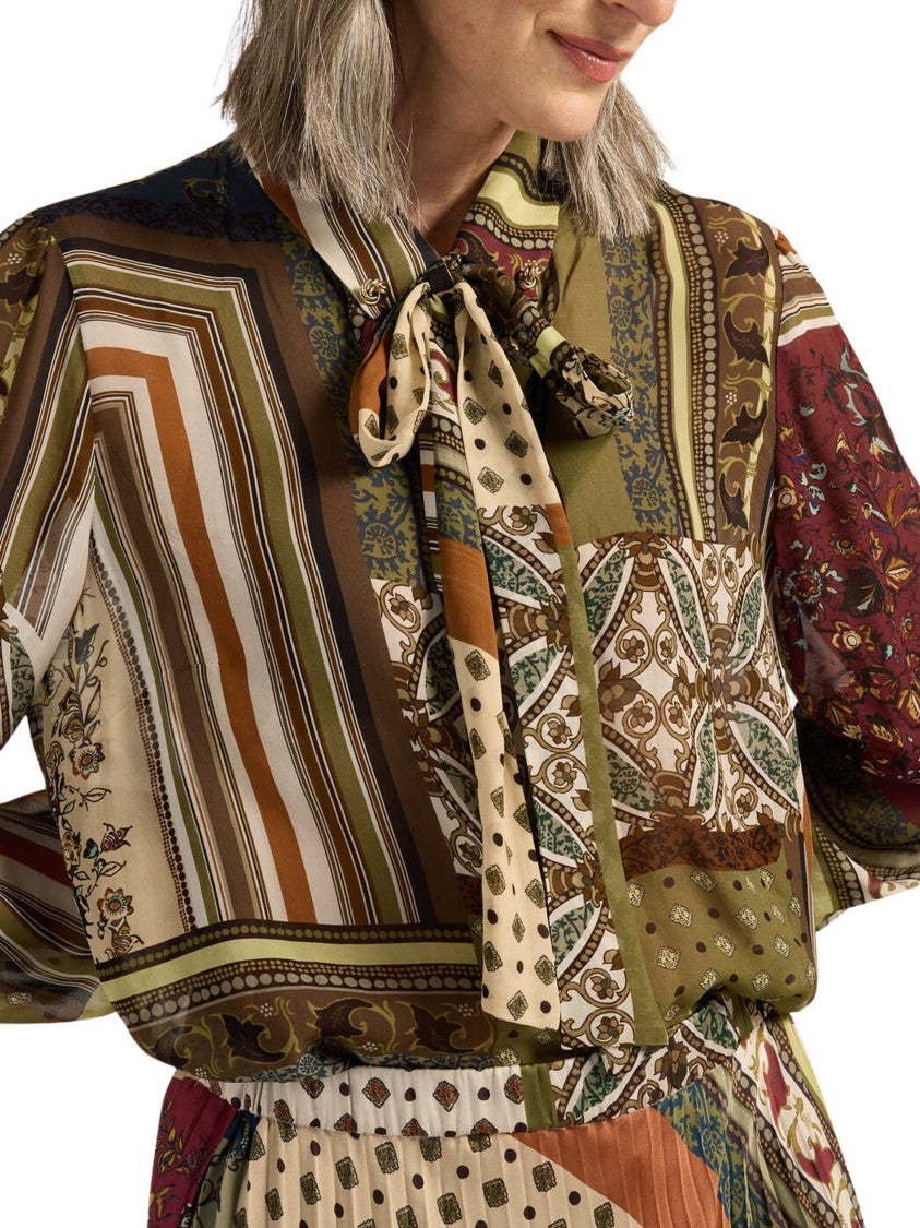 Elena Miro` Patchwork Viscose Tie-Neck Scarf Blouse