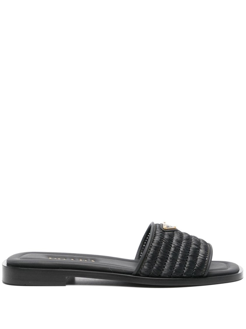 Prada Black Sandals With Woven Strap And Logo Accents