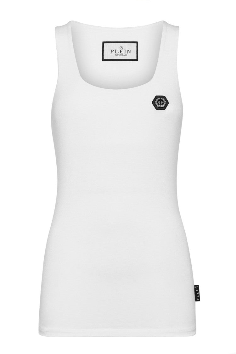 Philipp Plein White Cotton Logo-Patch Tank