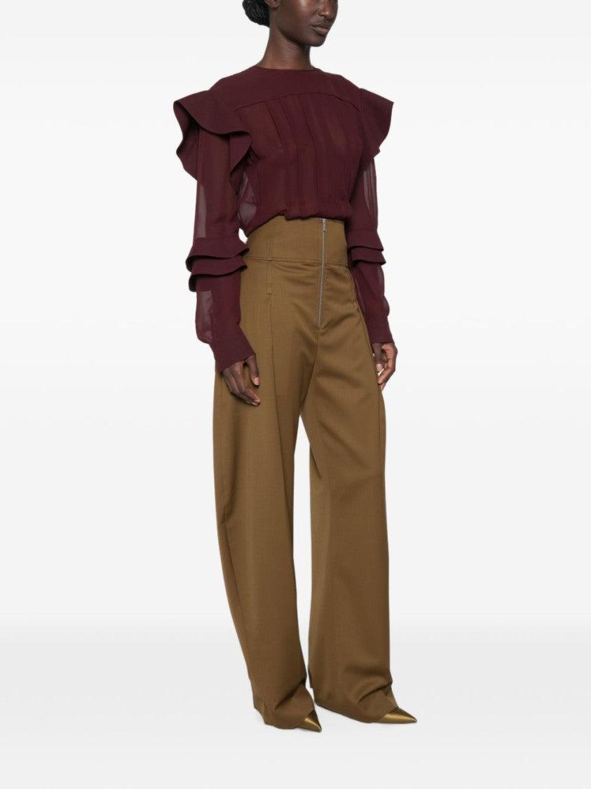 Lanvin Burgundy Sheer Ruffled Silk-Nylon Blouse