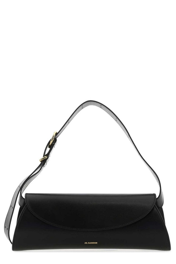 Jil Sander Elongated Black Shoulder Bag With Curved Flap Closure