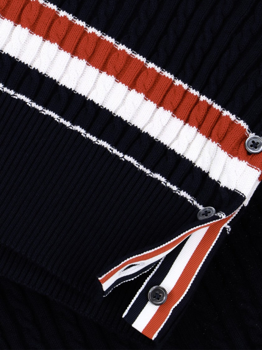 Thom Browne Navy Ribbed Cotton V-Neck Sweater