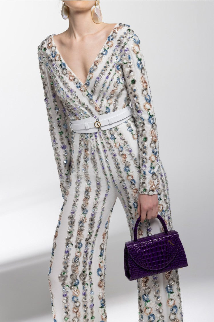 Saiid Kobeisy Canton Crepe Beaded Jumpsuit With A Wrapped Top