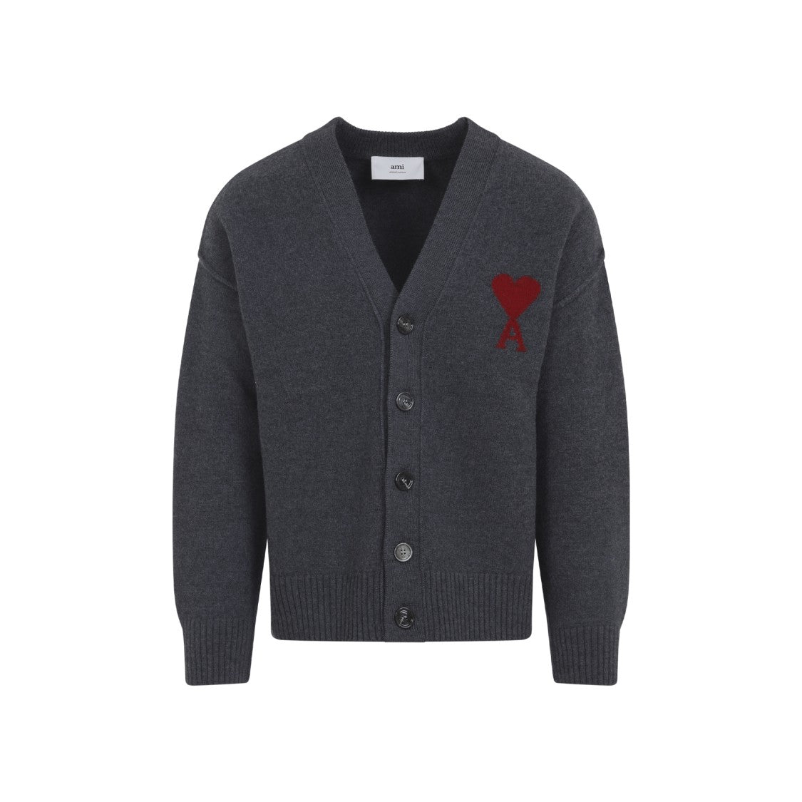 Ami Heather Grey Wool Cardigan With Embroidered Logo