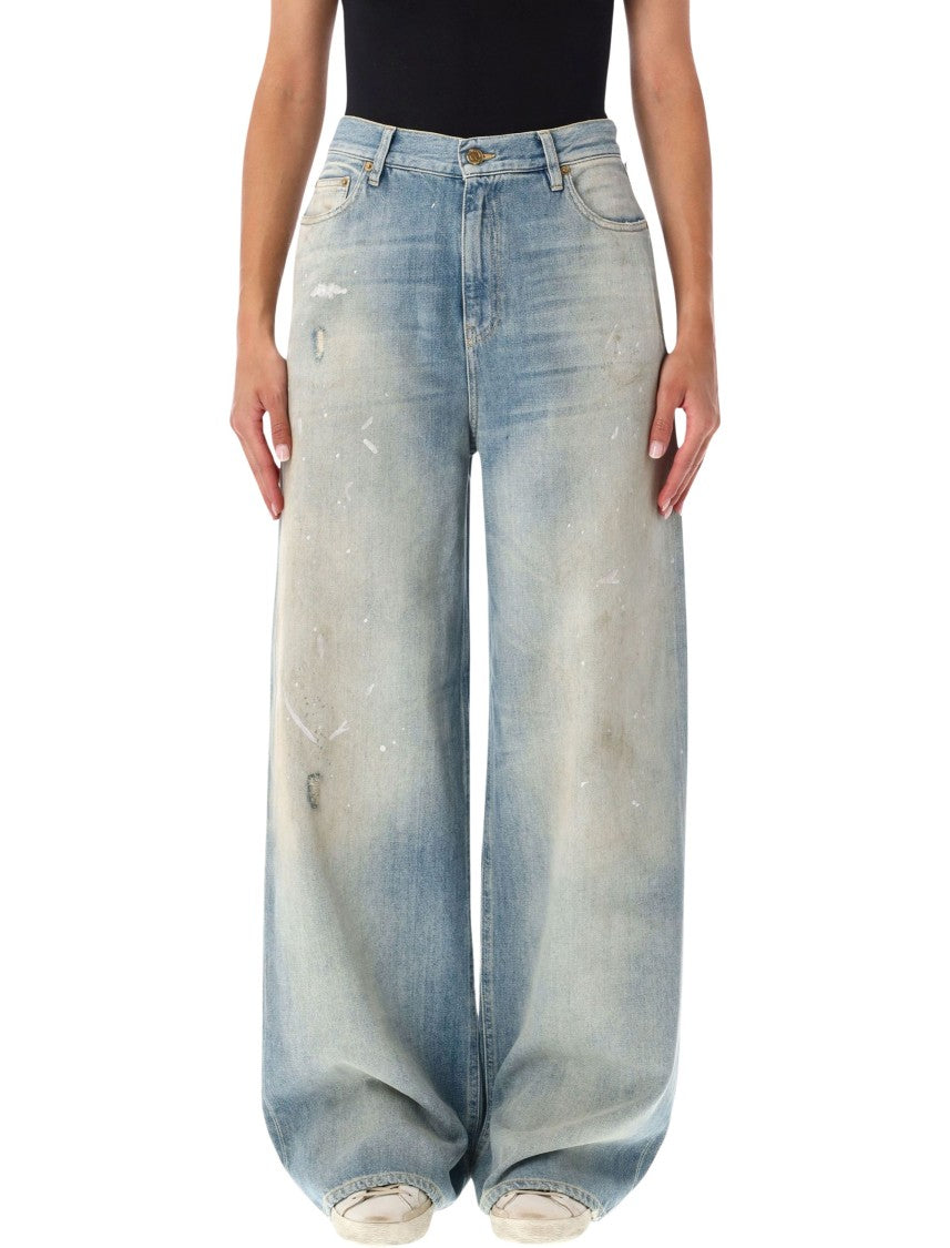 Golden Goose Wide Silhouette Boyfriend Jeans With Distressed Details And Graphic Applique