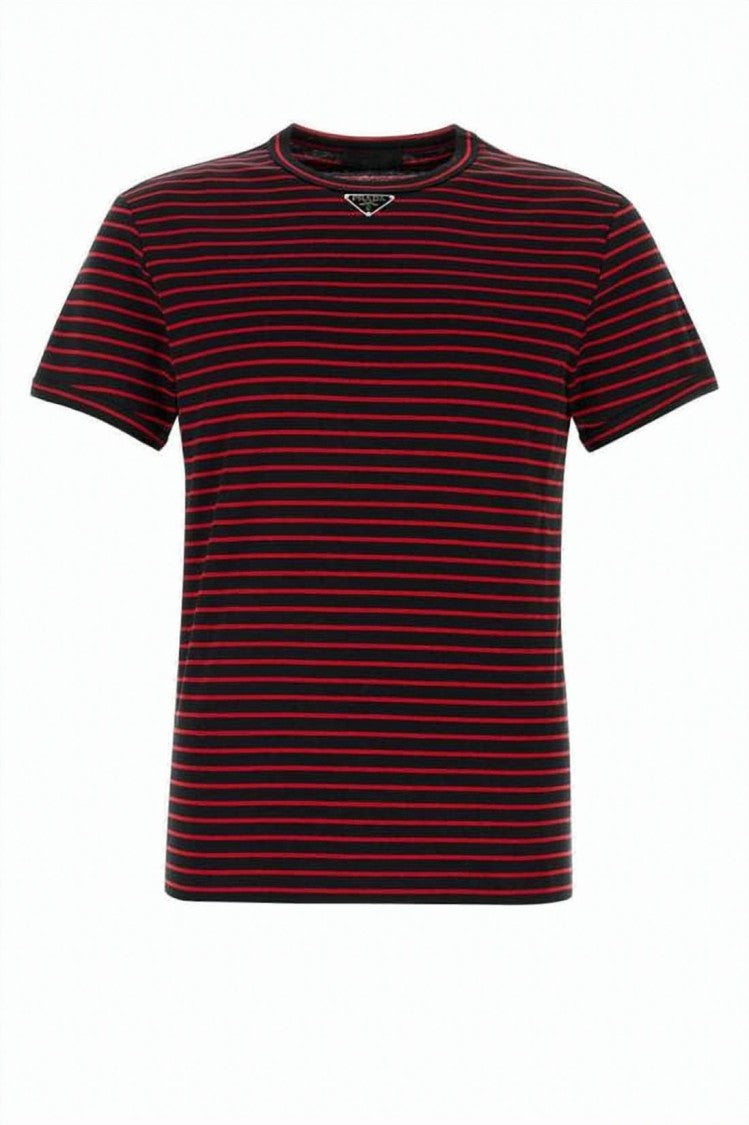 Prada Cotton Crew Neck T-Shirt With Contrasting Stripes