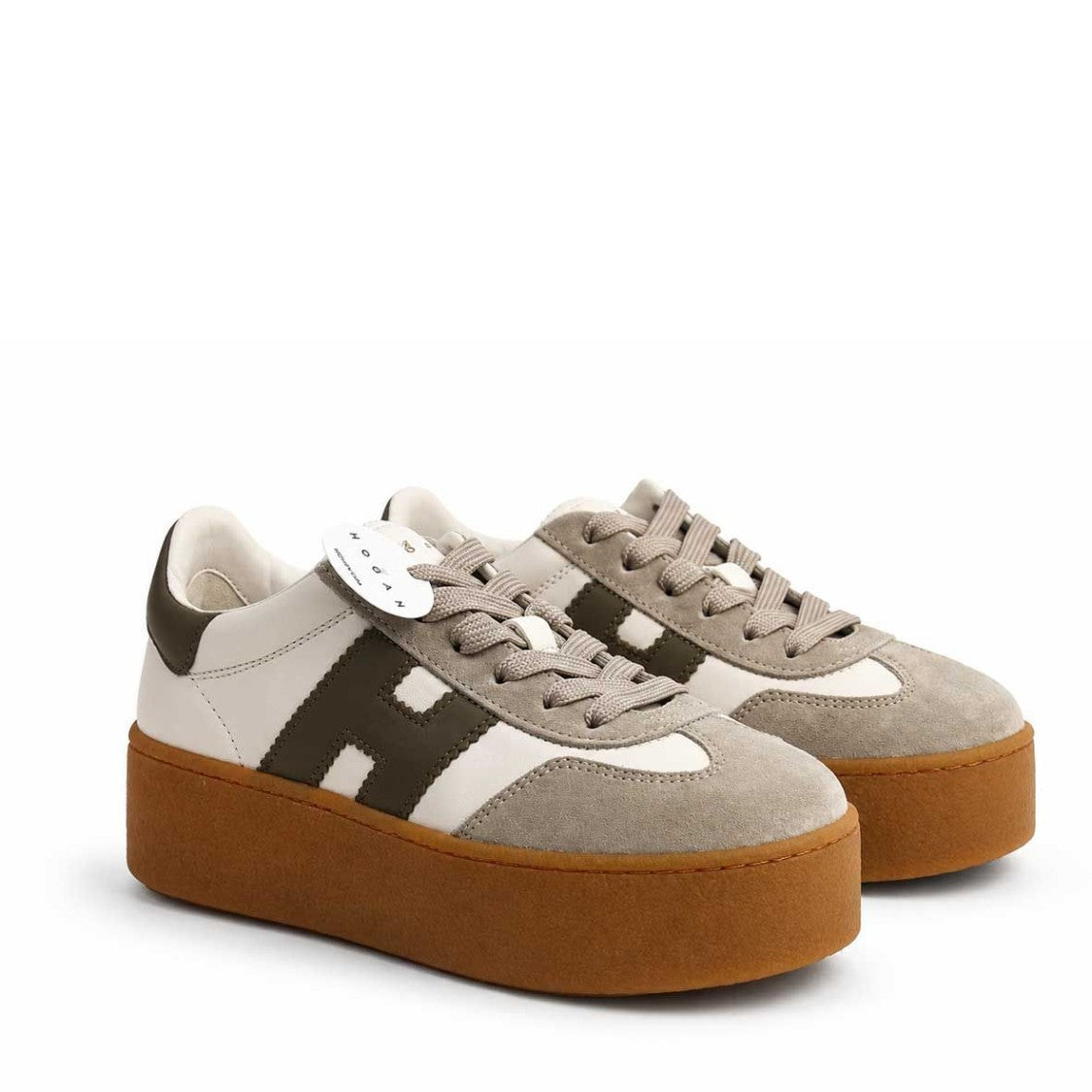 Hogan Olive Green Beige Suede Platform Sneakers