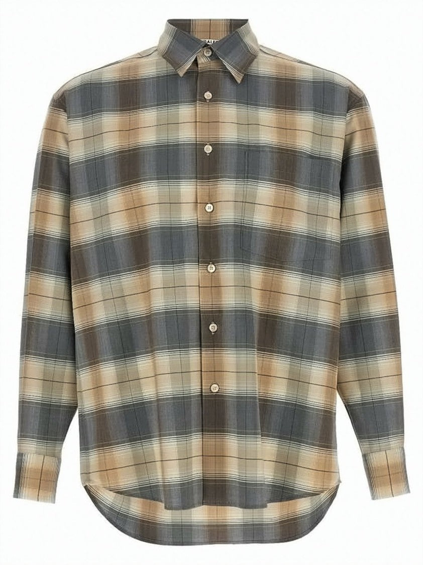 Auralee Plaid Long Sleeve Shirt In Soft Wool Fabric